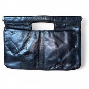 80s VTG Black Leather Envelope Clutch with Flex Metal Frame Closure 12" x 8.5"